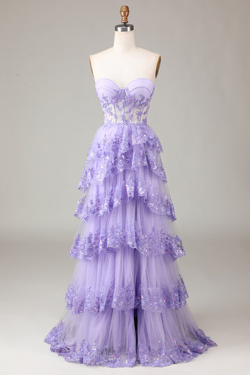 Sparkly Lilac Tiered Corset Lace Long Formal Dress with Slit
